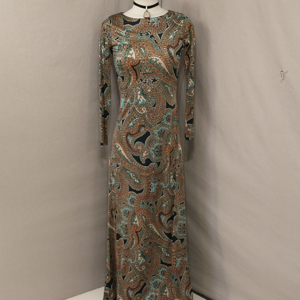 Vintage Lanvin Designer Maxi Dress Elegant Paisley Silky Fabric Long Sleeve